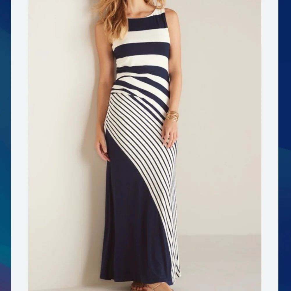 Soft Surroundings (Size L) Navy Blue & White Sleeveless Sleek Casual Maxi Dress